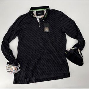 Maceoo Mens Grey Textured Geometric Long Sleeve Polo Shirt Hidden Button Collar